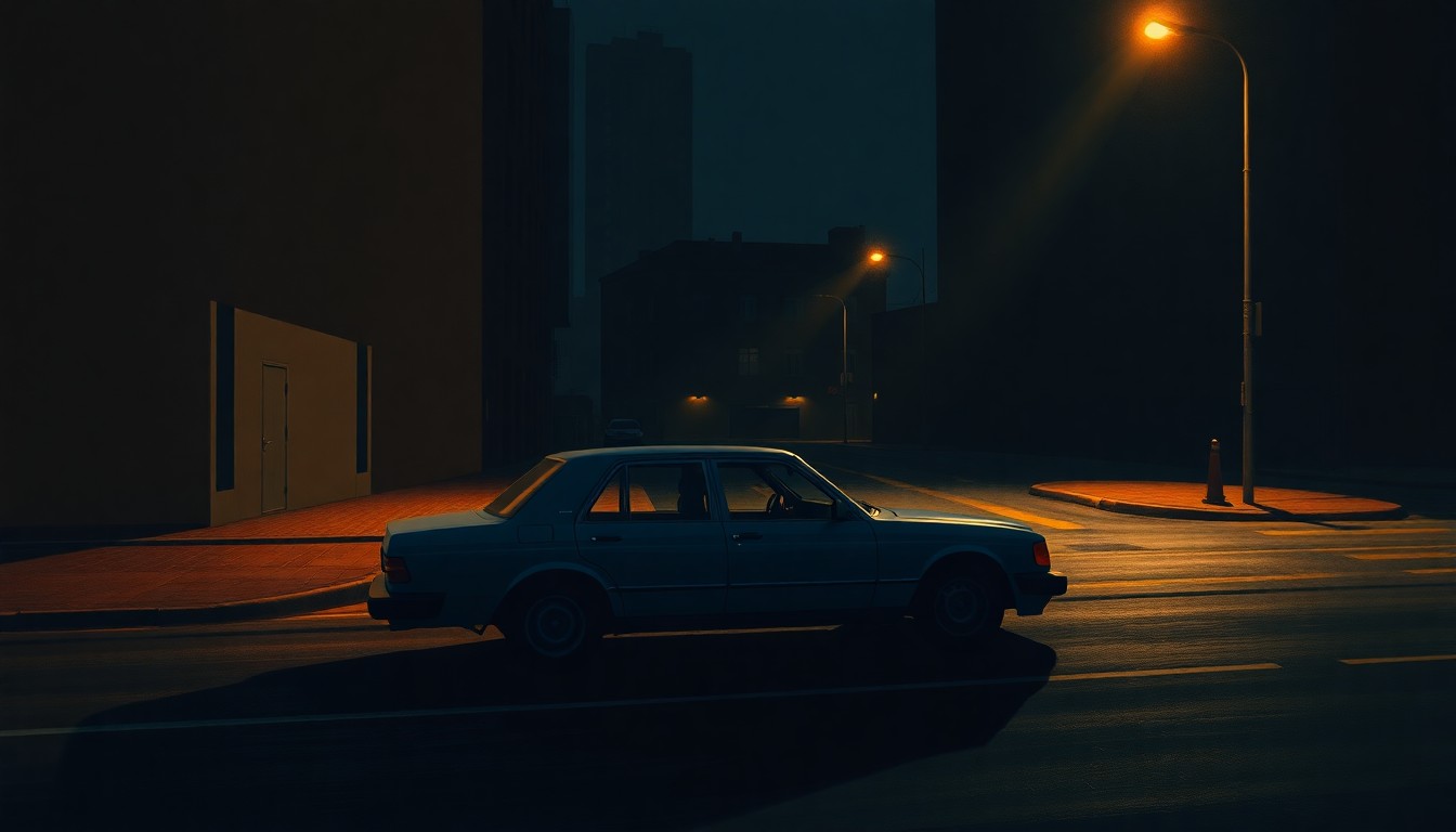A dimly lit city street scene with a solitary parked car, the warm sunlight casting deep shadows across the pavement and buildings. The scene has a quiet, contemplative mood, evoking the emotional weight of the ongoing efforts to curb drunk driving in the state.