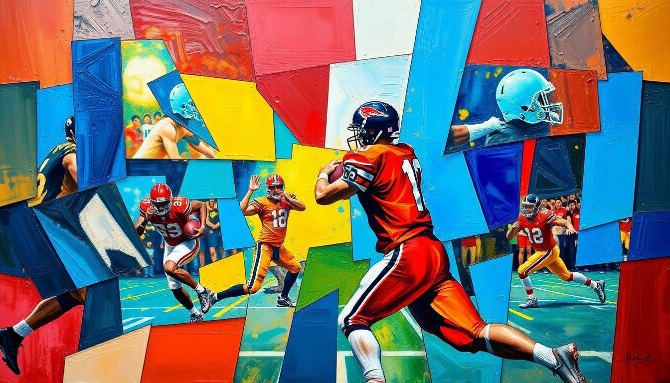 A cubist, geometric painting depicting a fragmented, multi-angle view of a quarterback in motion, with sharp planes of color and overlapping shapes representing the dynamic energy of an NFL game.