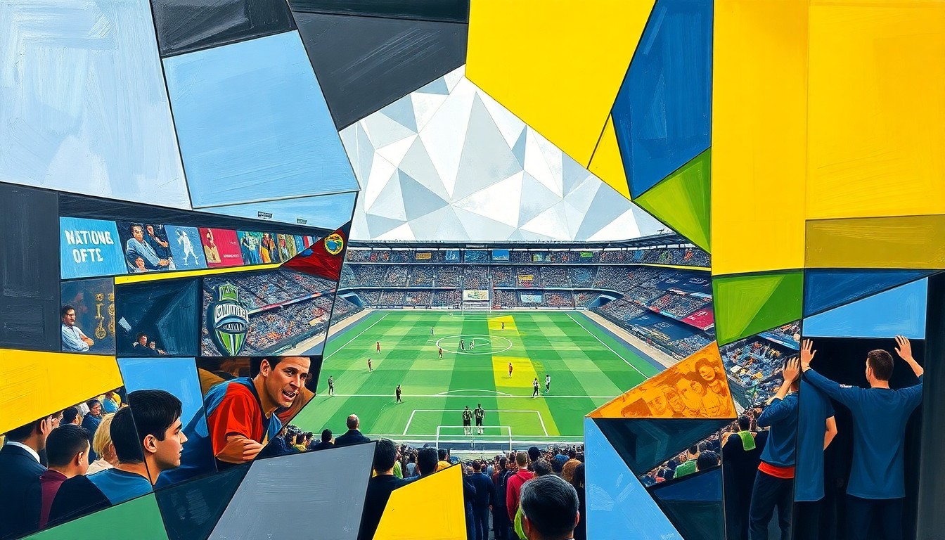 A cubist-style painting depicting a soccer match, with the players and field broken down into sharp, overlapping geometric shapes in a variety of colors, conveying the intensity and fractured nature of the game.