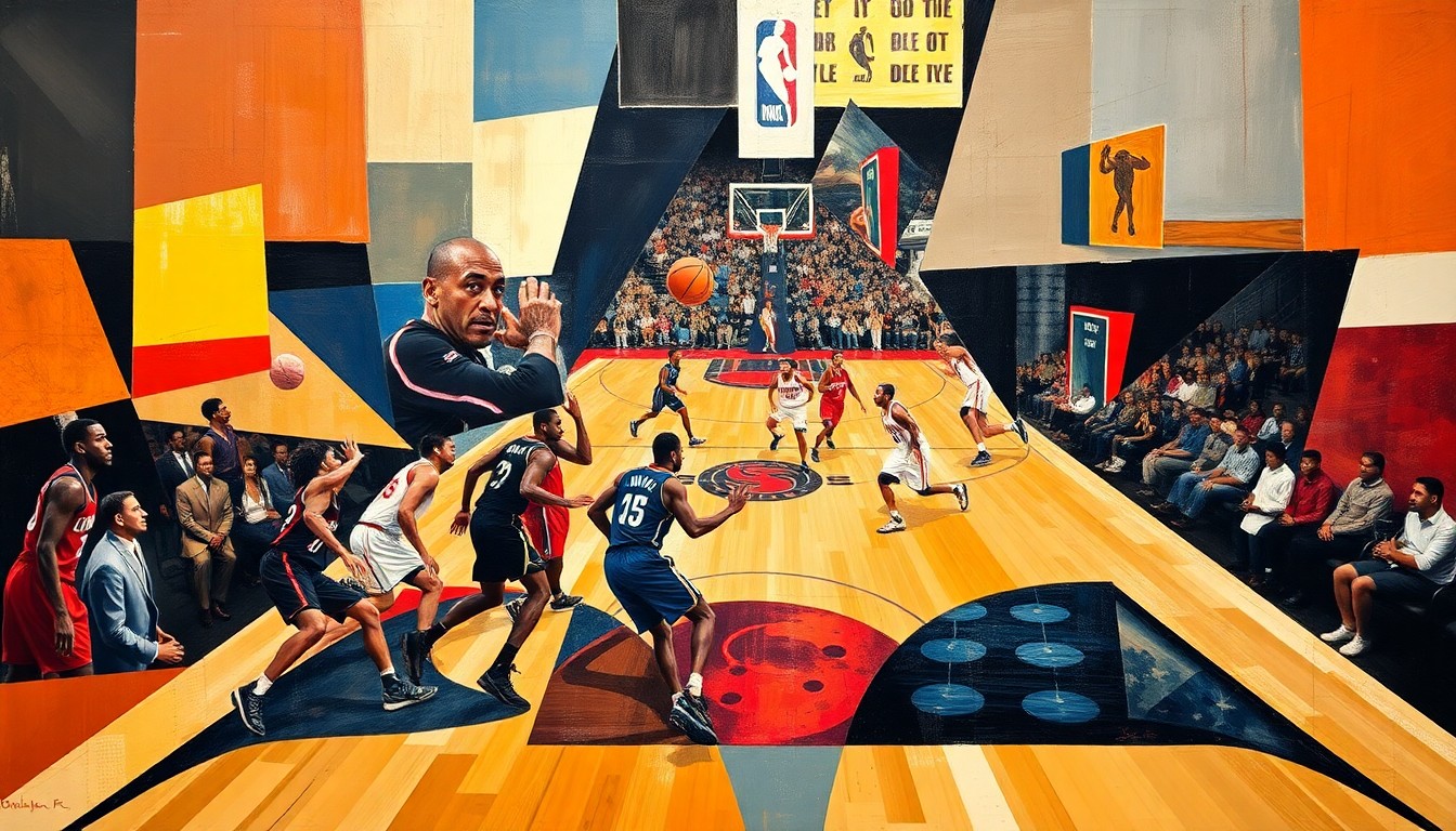 A fractured, multi-perspective painting depicting a basketball game between the Clippers and Trail Blazers, with the players' movements and the court's lines abstracted into a dynamic, cubist composition in shades of blue, red, and yellow.