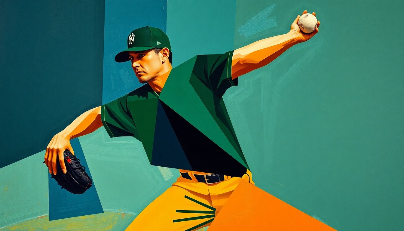 A cubist-style painting depicting a baseball pitcher's motion broken down into sharp, overlapping geometric shapes and planes in shades of blue, green, and orange.