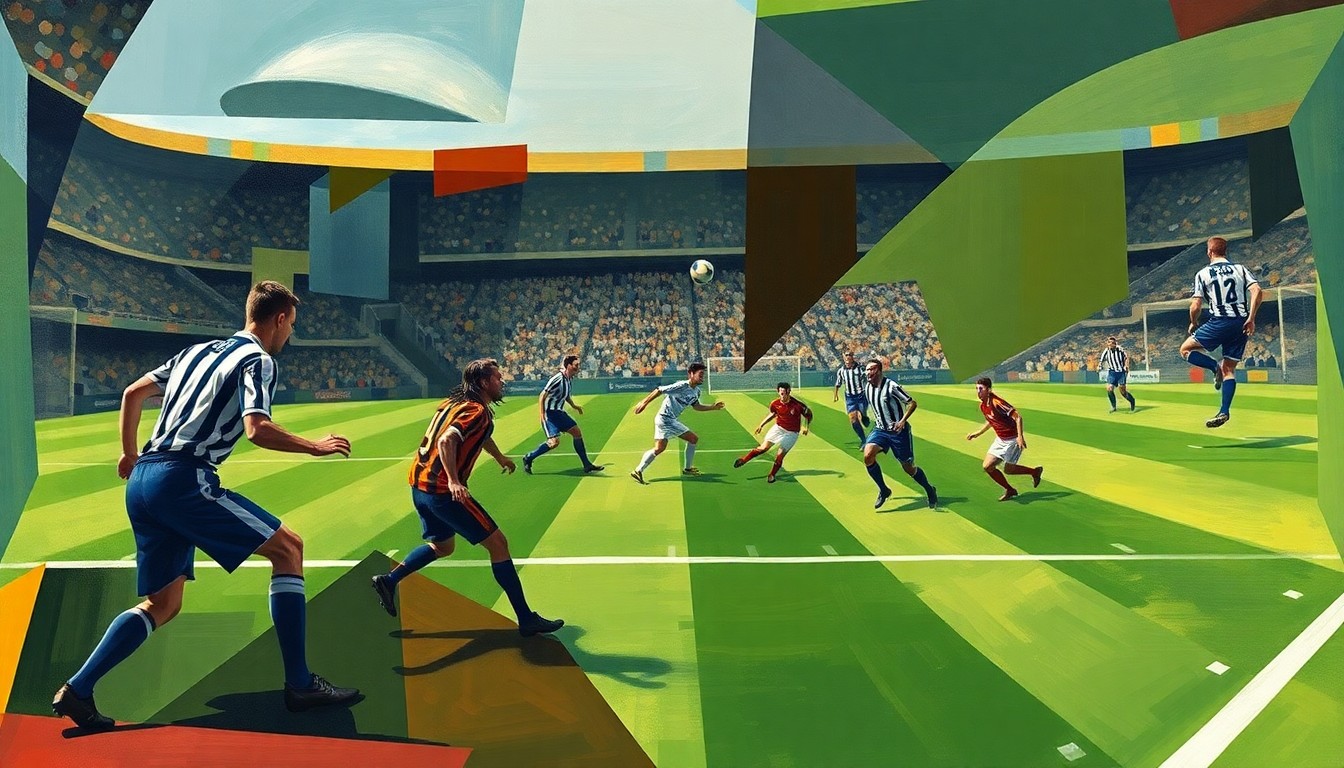 A fragmented, geometric painting depicting a football game or match, with players and the field reduced to abstract shapes and planes of color, capturing the multi-faceted nature of contract negotiations in the NFL.