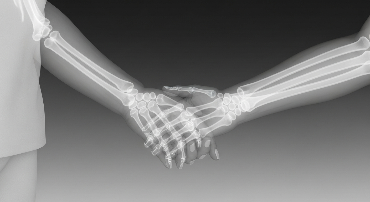A ghostly, translucent X-ray photograph revealing the delicate bones and veins of a senior's hand gently holding a caregiver's hand, conveying the personalized care and comfort of 24-hour home support services.