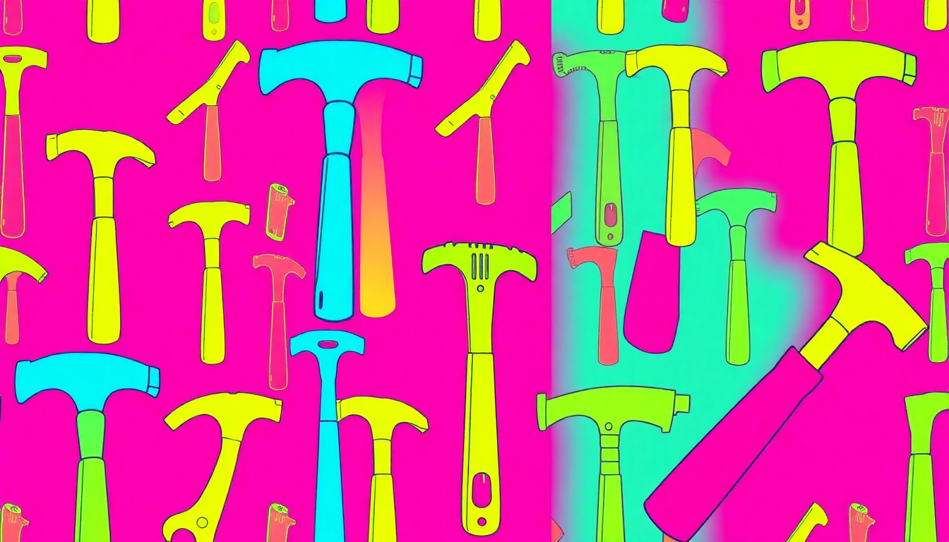 A vibrant, high-contrast silkscreen print of a hammer repeated in a grid pattern, conceptually representing the tools and expertise of a home remodeling company.