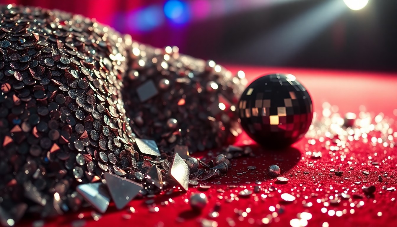 An abstract close-up image featuring a high-contrast, glamorous texture of glittering sequins and shattered glass, conveying the excitement and glamour of a major awards show.