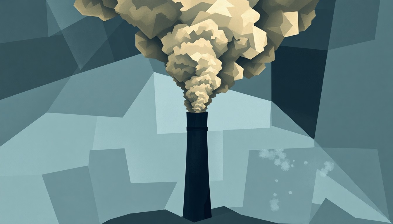 A conceptual illustration featuring overlapping, fractured geometric shapes in shades of gray, blue, and brown, depicting the smokestack of a coal power plant emitting plumes of smoke, conveying the idea of environmental pollution and regulatory changes.