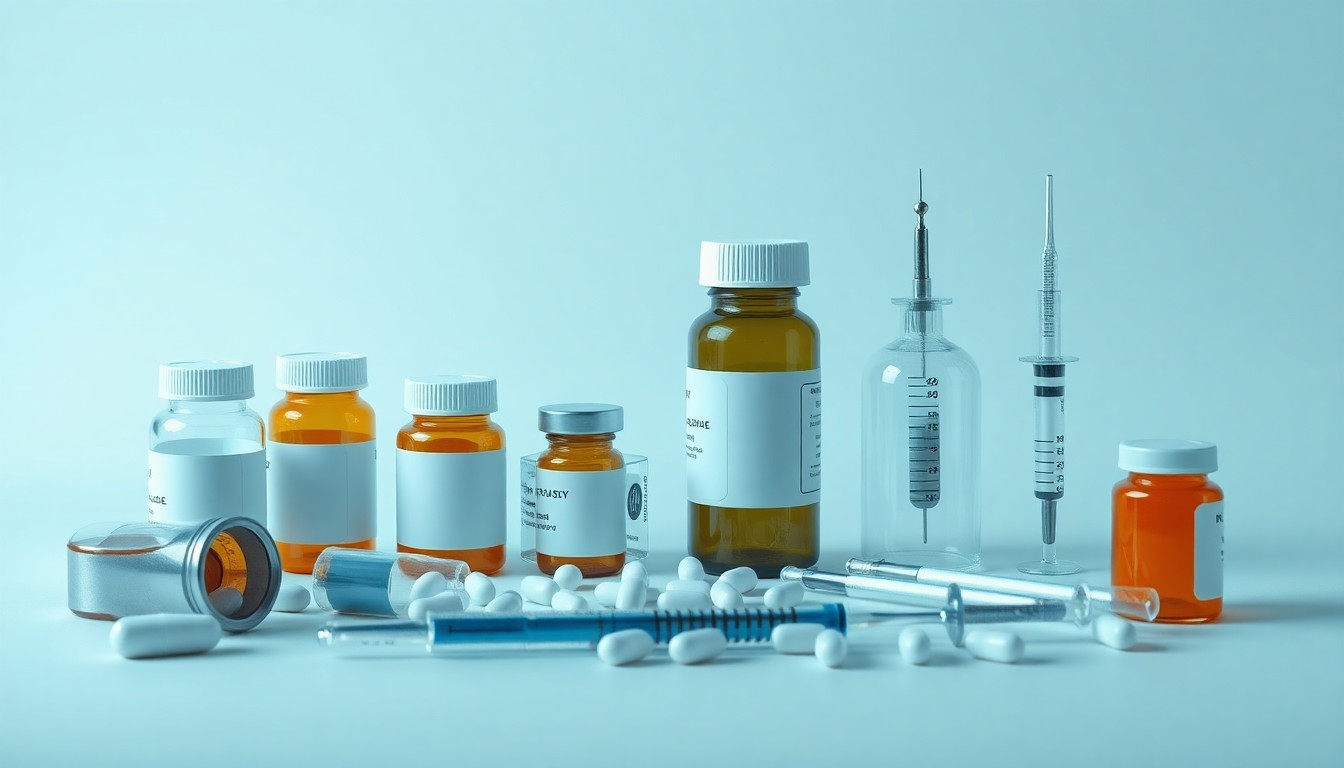 A minimalist, high-end studio photograph featuring a clean, monochromatic background with a neatly arranged set of pharmacy-related objects such as pill bottles, syringes, and medical equipment, conveying a sense of professionalism and precision in the pharmacy industry.