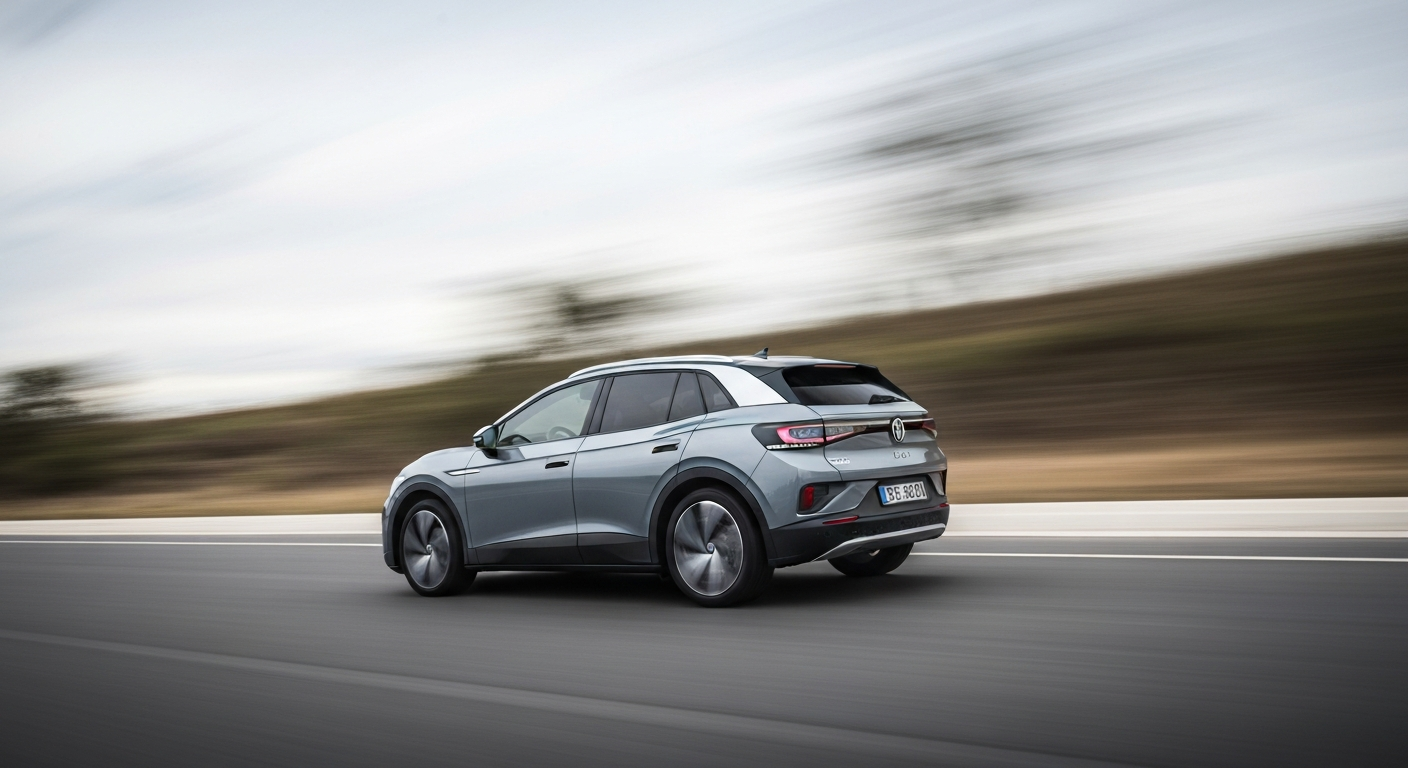 A blurred, abstract image of a Volkswagen electric vehicle in motion, with sweeping streaks of color representing the dynamic and unpredictable nature of the electric vehicle industry.