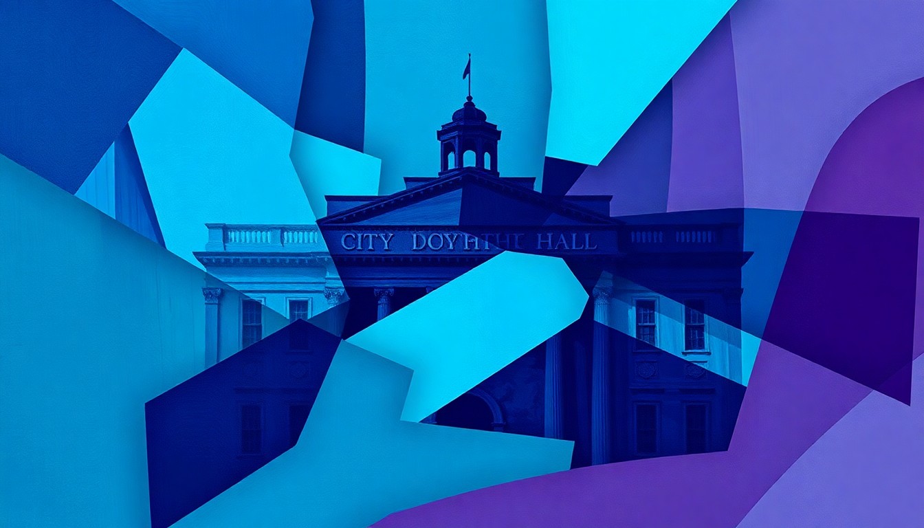 A dynamic, abstract painting featuring overlapping geometric shapes and fractured lines in shades of blue, teal, and violet, conceptually representing the tension between government secrecy and the public's right to know.