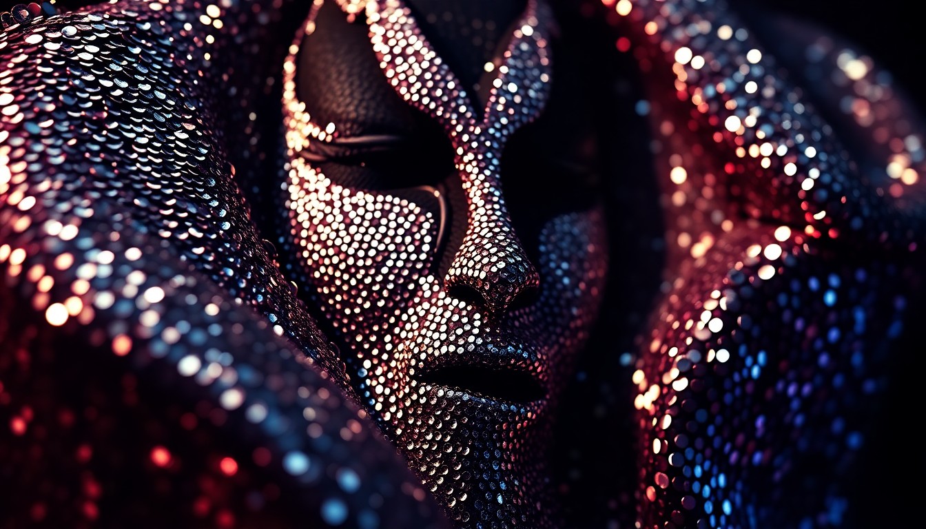 An extreme close-up photograph of shimmering, glittering sequins and textures in high-contrast studio lighting, conceptually representing the glamour and energy of a rock and roll-themed restaurant opening.