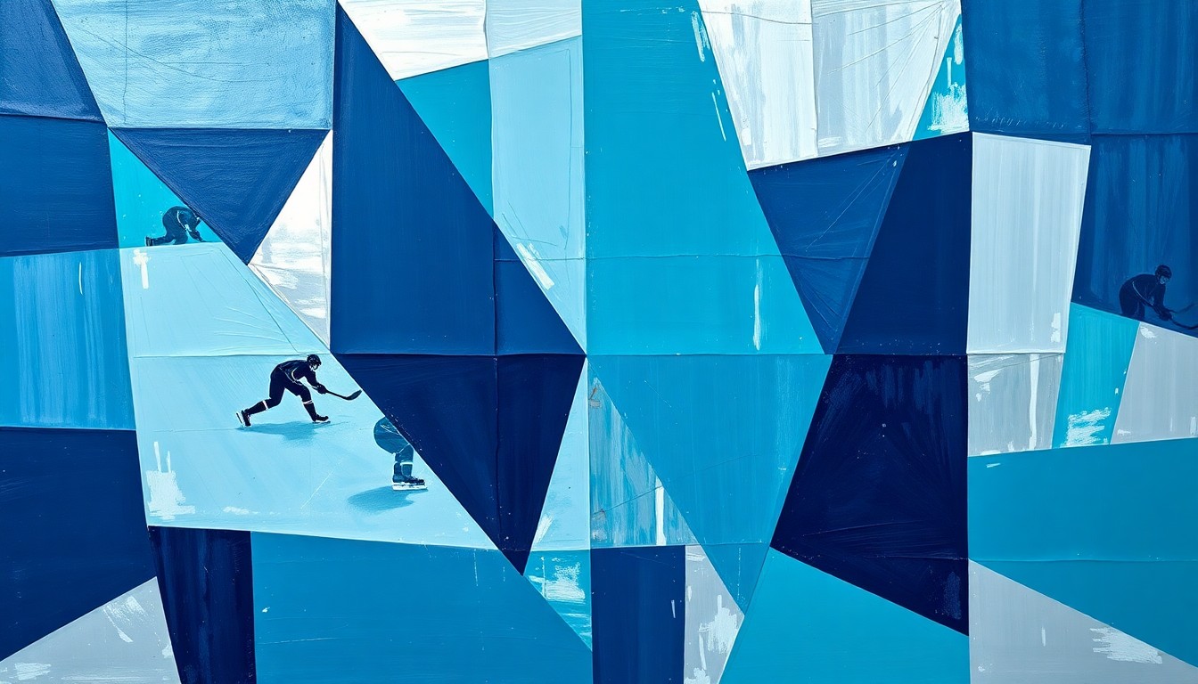 A cubist, geometric illustration depicting the fragmented action of a hockey game, with sharp planes of navy, teal, and silver representing the Kraken's efforts to regain their footing as a new franchise.