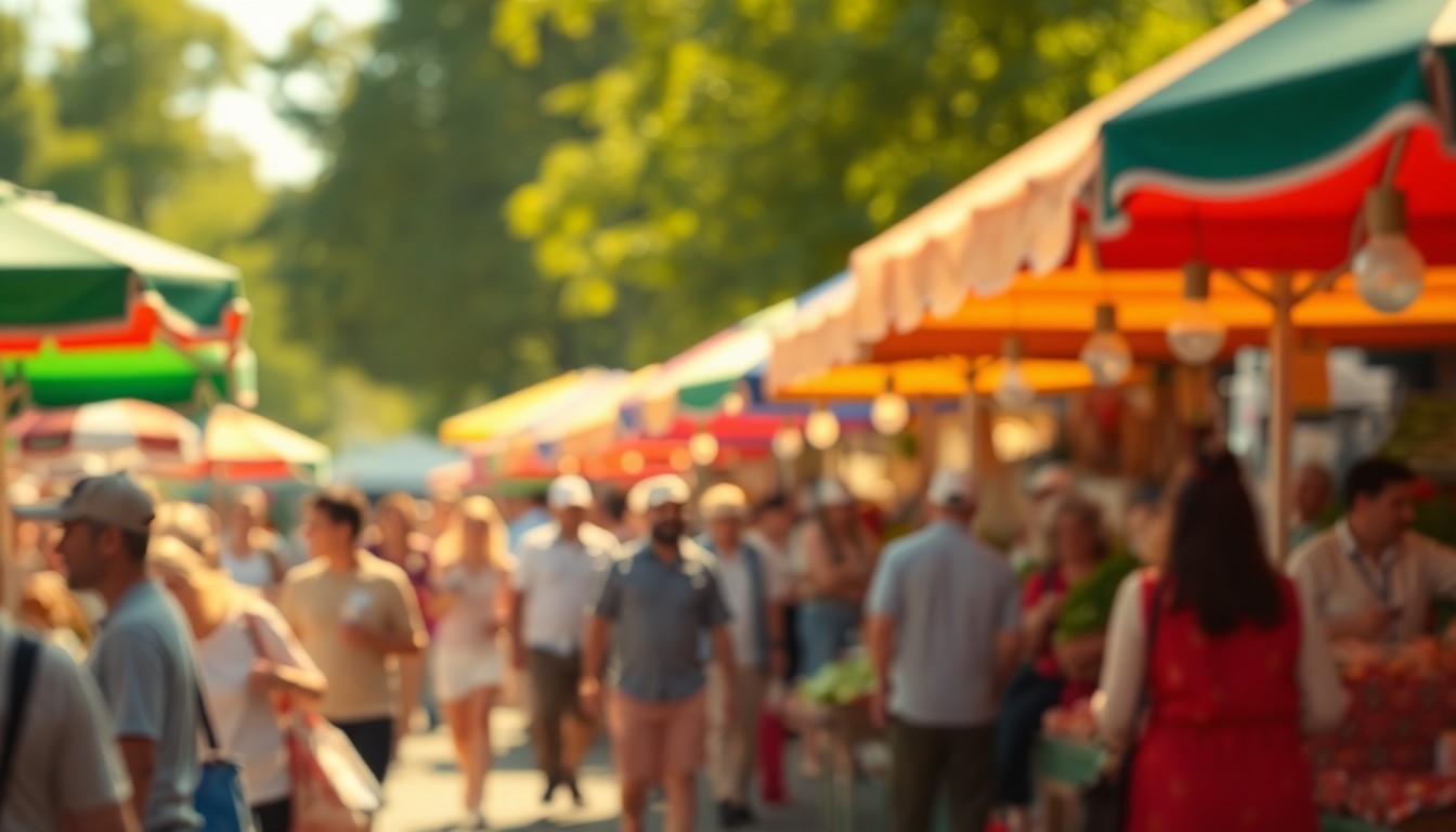 An abstract, impressionistic photograph of a bustling outdoor market, with blurred figures, produce stands, and colorful umbrellas bathed in a warm, golden light, conveying the vibrant energy of a community gathering.