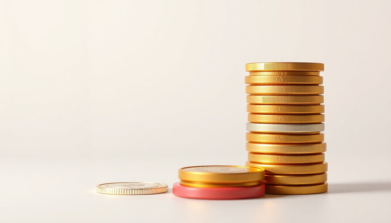 A high-end, photorealistic studio still-life photograph featuring a stack of glossy, metallic trading tokens in various colors, arranged elegantly on a clean, monochromatic seamless background, conceptually representing the abstract concepts of financial markets, economic forecasting, and data-driven decision-making.
