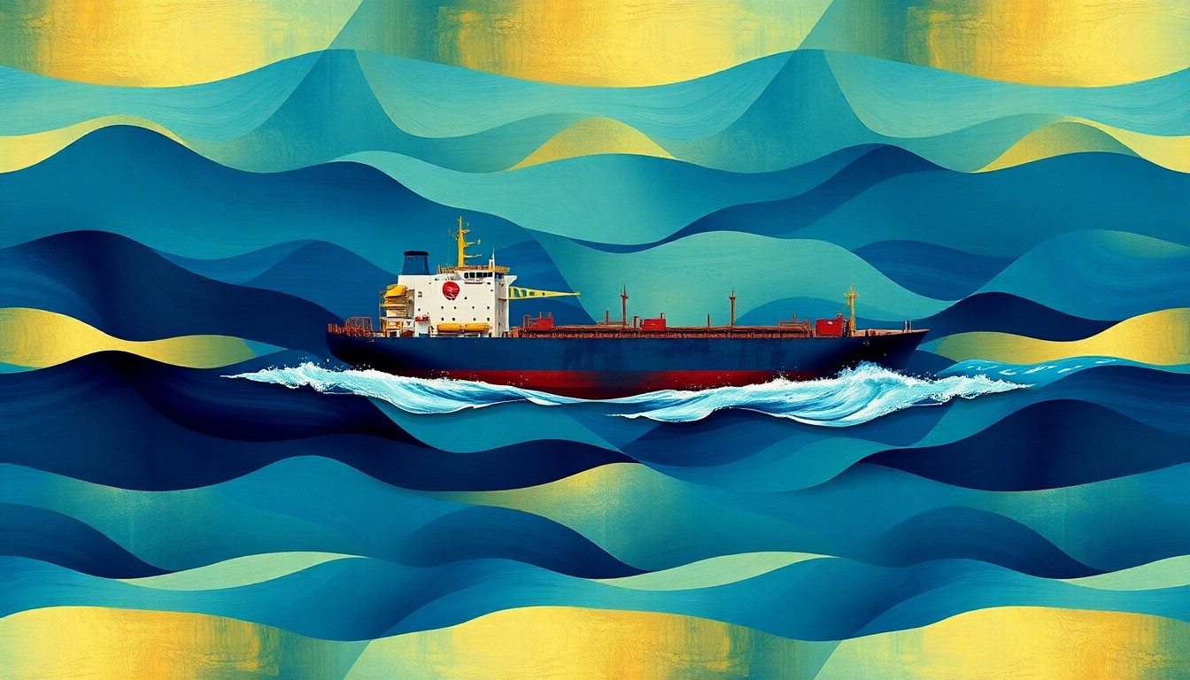 A dynamic, abstract painting featuring an oil tanker ship repeated in overlapping, geometric waves of deep blue, teal, and gold colors, conveying a sense of motion and geopolitical volatility.