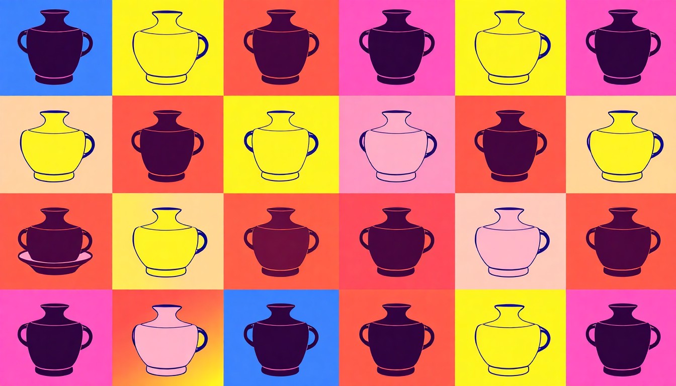 A high-contrast silkscreen print featuring a repeating grid of a sculptural ceramic bowl in vibrant shades of teal, rust, and goldenrod, capturing Staud's embrace of imperfection and free-form charm in its home decor designs.