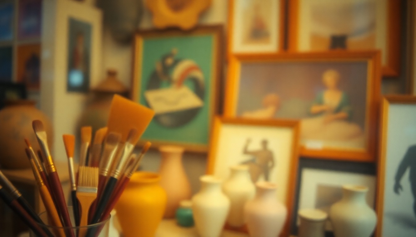 An extremely blurred and abstracted scene of various artistic media like paint brushes, pottery, and framed artwork, captured in a soft, warm, and hazy style that evokes the atmosphere of a community art show.