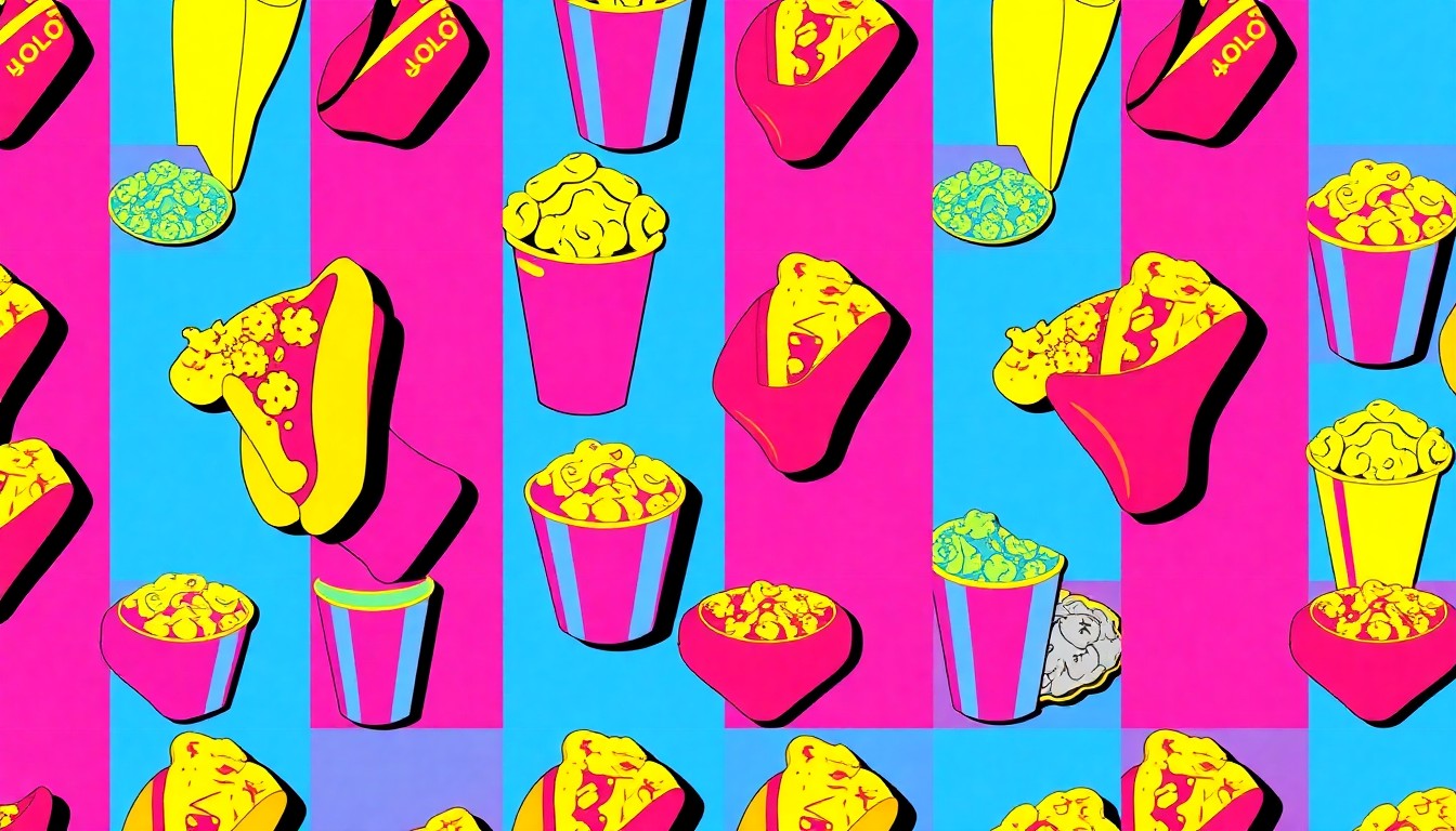 A brightly colored, high-contrast silkscreen print of a concession stand food item such as a hot dog, popcorn, or soda cup, repeated in a tight grid pattern, conceptually representing the vibrant new concession stand at the Trigg County Recreation Complex.