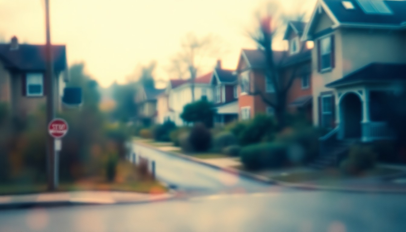 An abstract, impressionistic scene of a residential street with overgrown, abandoned lots next to well-maintained homes, captured in soft, warm pools of color and light, conveying the mood and concept of a neighborhood reclaiming neglected spaces.