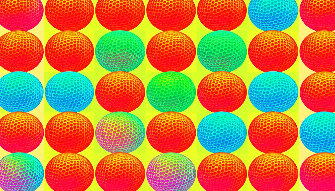 A vibrant, high-contrast silkscreen print of a single golf ball repeated in a tight grid pattern, rendered in a palette of neon greens, blues, and pinks with heavy black outlines, conceptually representing the bold, modern design of the new Coral Mountain Desert Club golf course.