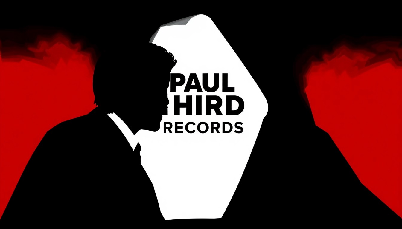 An abstract, minimalist illustration featuring stark black and white geometric shapes with accents of deep red, conceptually representing the musical collaboration between Paul McCartney and Third Man Records.