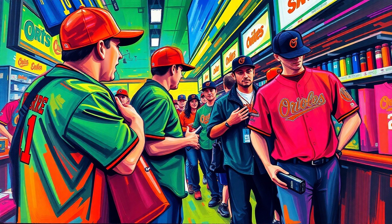 An abstract, expressionist painting in bright neon colors, with sweeping brushstrokes capturing the dynamic energy and excitement of baseball fans eagerly purchasing new team merchandise.