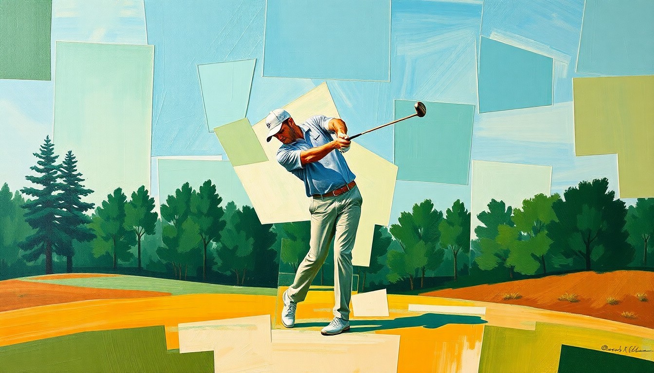 A cubist, geometric painting depicting a golfer's swing deconstructed into overlapping planes of green, tan, and blue, conceptually representing the Masters' strict enforcement of its traditional rules.