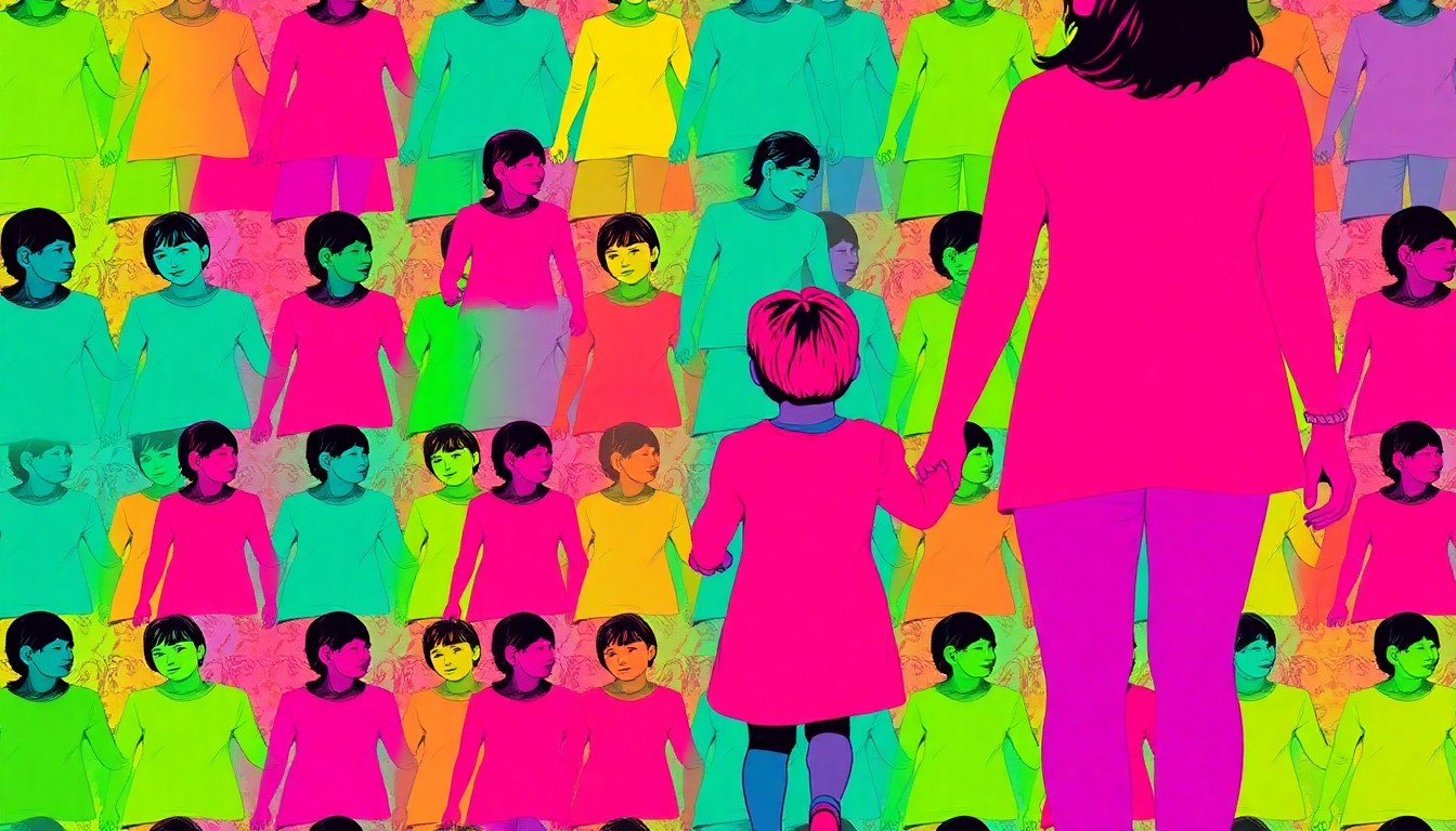 A brightly colored, high-contrast silkscreen print of a parent and child holding hands, repeated in a tight grid pattern, capturing the joyful and empowering nature of raising change agents through everyday parenting.