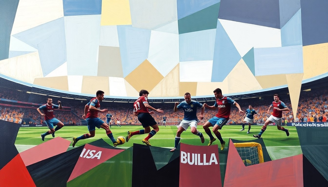 A cubist, geometric painting depicting the energy and movement of a soccer match, with overlapping planes of color and abstracted player forms.