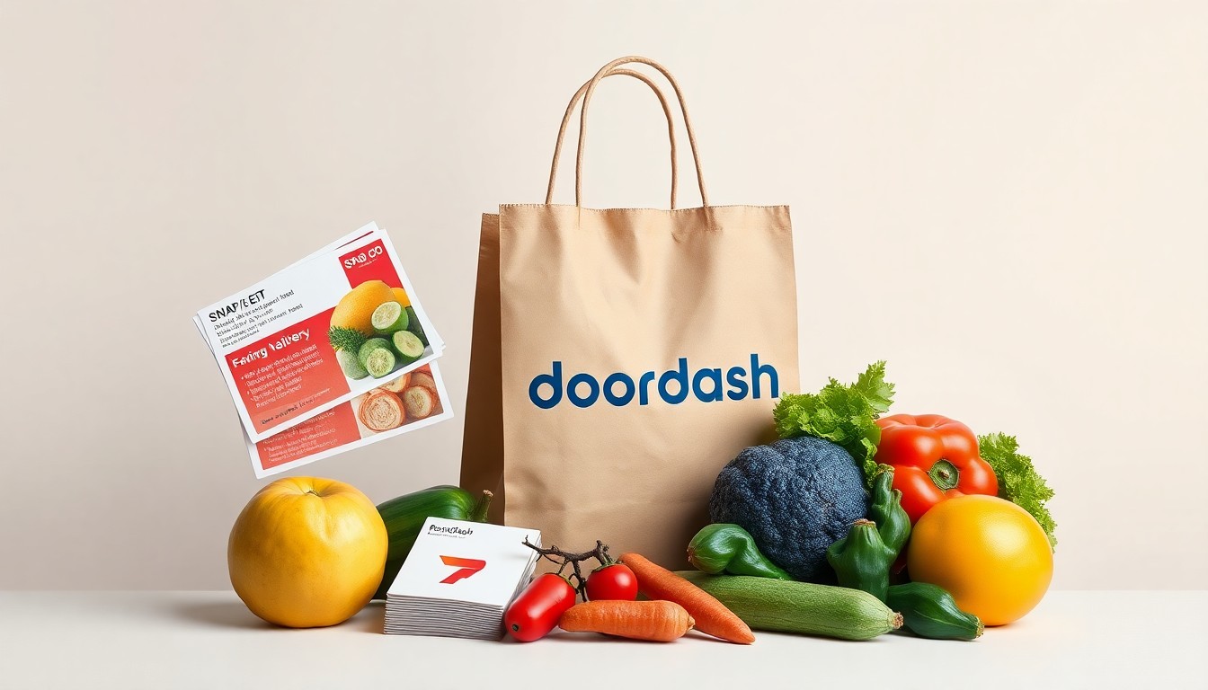A high-end, photorealistic studio still-life photograph featuring a stack of SNAP/EBT cards, a DoorDash delivery bag, and a selection of fresh produce on a clean, monochromatic background, conceptually representing the intersection of food assistance, online grocery delivery, and access to affordable, healthy food.
