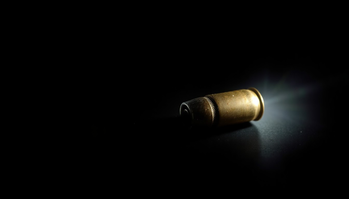 An extreme close-up photograph of a spent bullet casing on a dark background, lit by a harsh, direct camera flash, conceptually representing the danger and intensity of the confrontation between the troopers and the suspect.