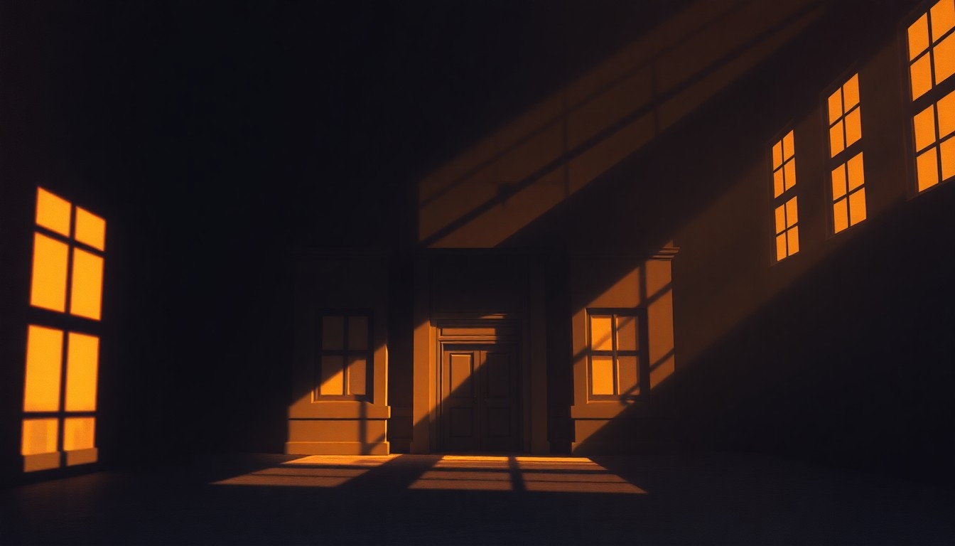 A dimly lit, cinematic painting of a municipal building or city hall office space, with warm sunlight streaming through windows and casting deep shadows across the scene, conveying a sense of quiet contemplation and civic responsibility.
