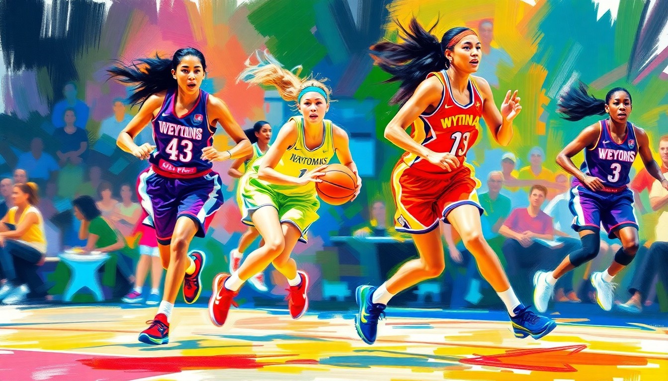 An abstract, expressionist painting in vibrant neon colors depicting the frenetic energy and competitive spirit of a WNBA basketball game, with players' forms dissolving into a blur of movement and color.
