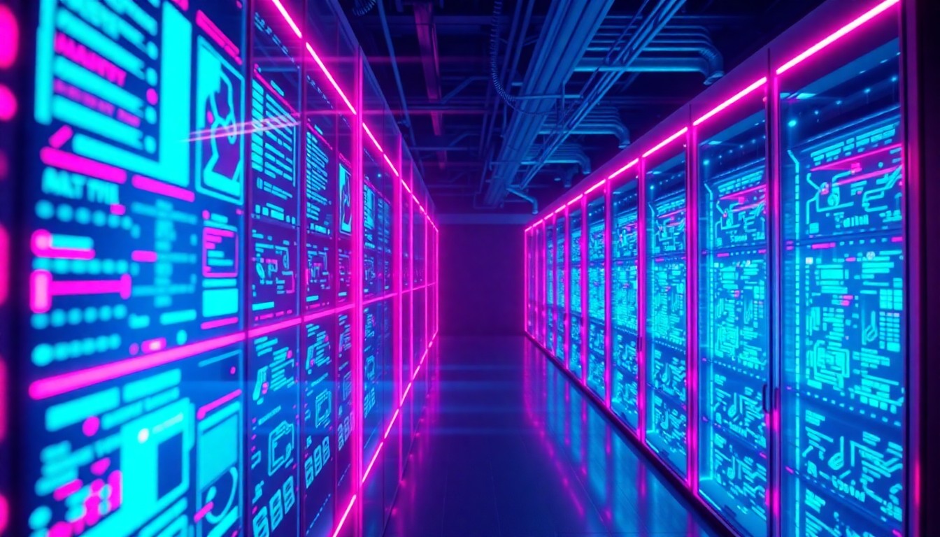 A highly detailed, glowing 3D illustration of a futuristic AI control panel or data center infrastructure, bathed in neon cyan and magenta lights, conceptually representing the advanced technology powering the next generation of smart city services.