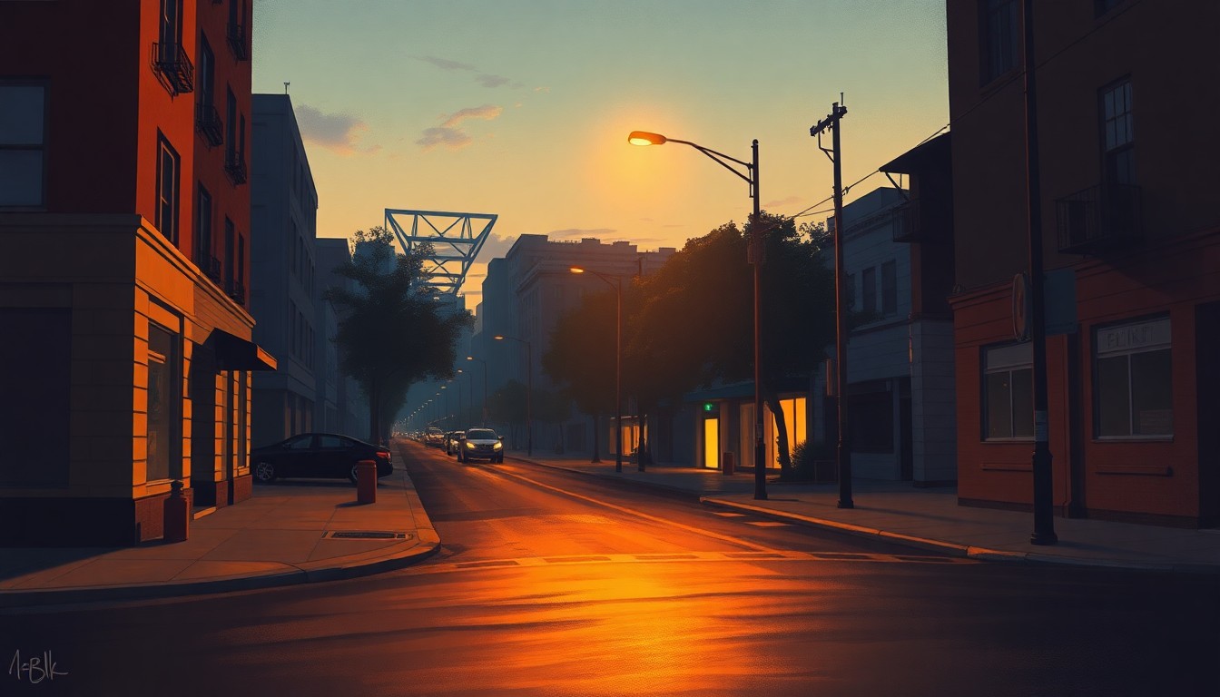 A dimly lit city street corner at dusk, with warm sunlight casting long shadows and a single streetlight illuminating the scene with a soft glow, conceptually representing the tensions between community development plans and political decision-making.