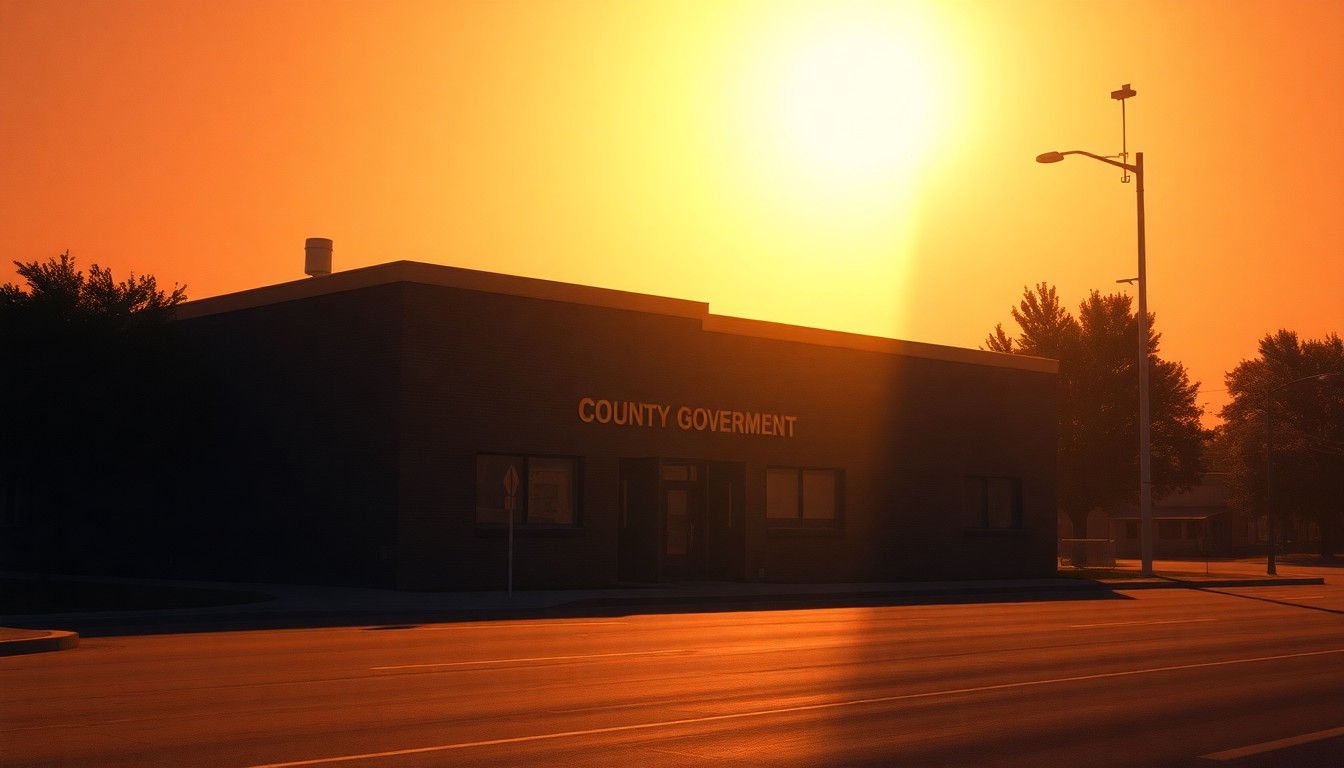 A serene, cinematic painting of a county government building in warm, golden light, conveying a sense of quiet stability and civic duty.