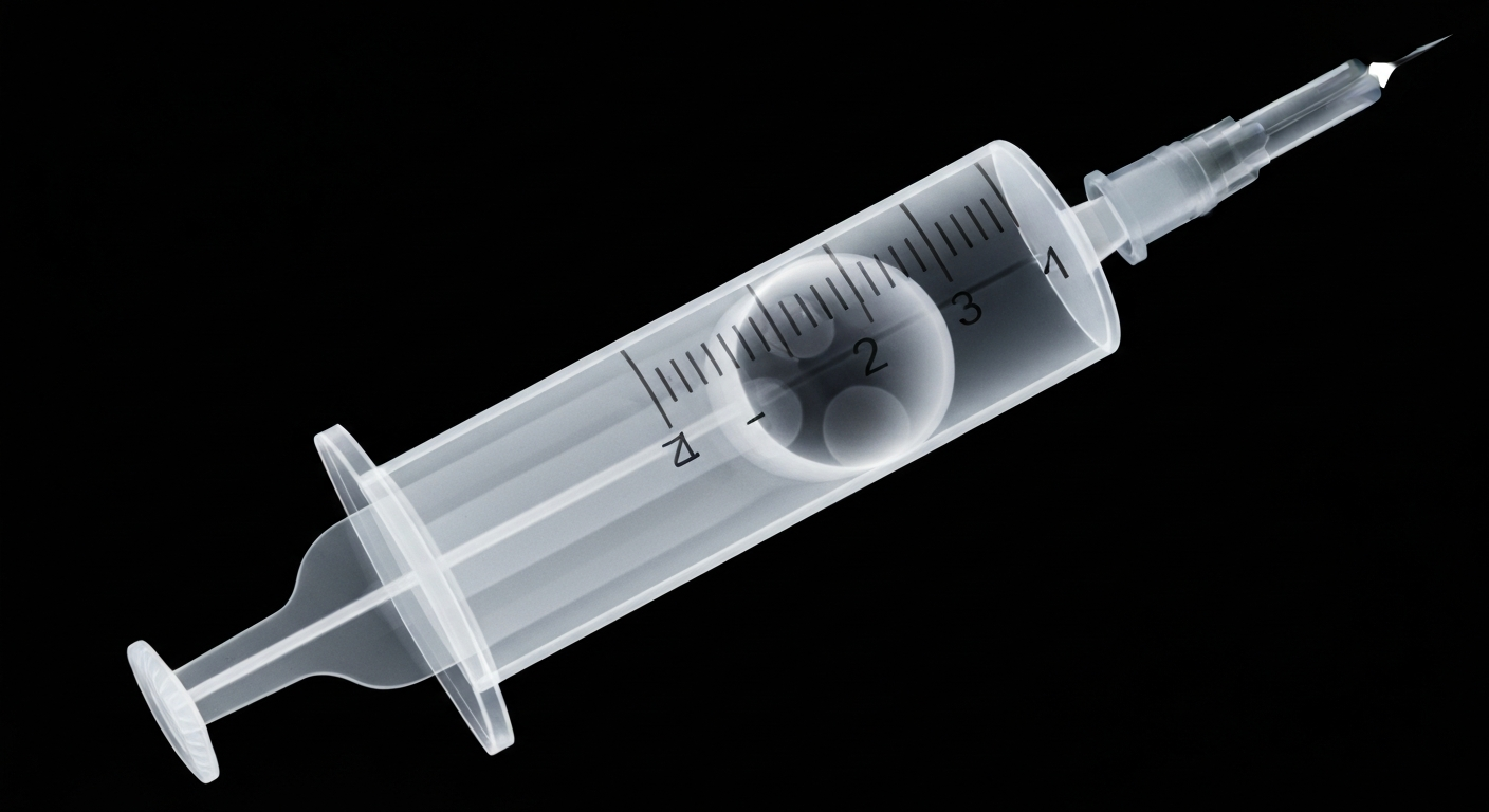 A ghostly, translucent X-ray photograph of a medical syringe filled with an unknown liquid substance, set against a dark background. The internal structure of the syringe is revealed in glowing lines, conveying a sense of clinical unease and the potential dangers of using unapproved medical products.