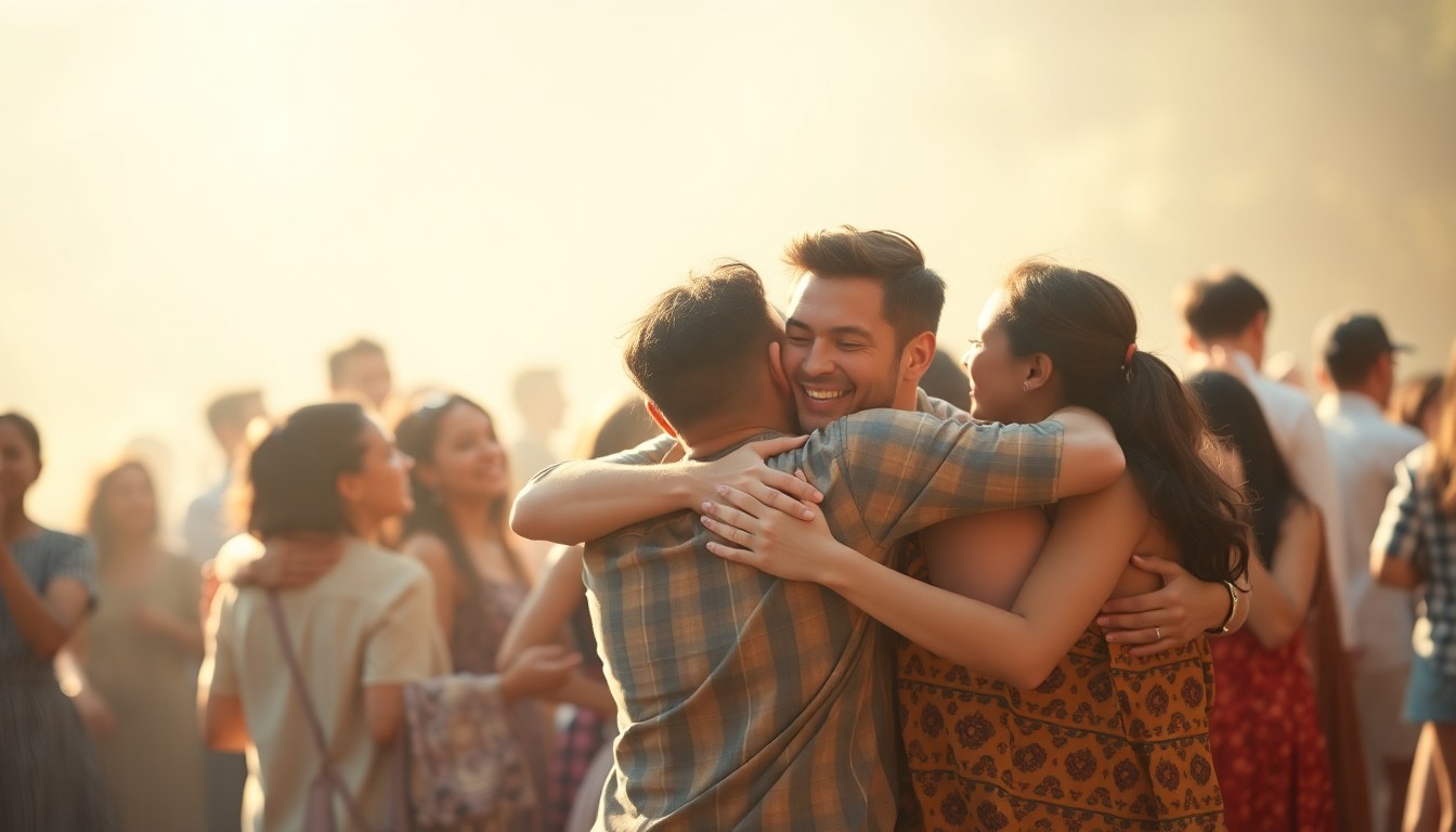 An abstract, out-of-focus photograph in soft, warm tones depicting a group of people gathered together, celebrating and embracing one another, conveying a sense of community, belonging, and new beginnings.