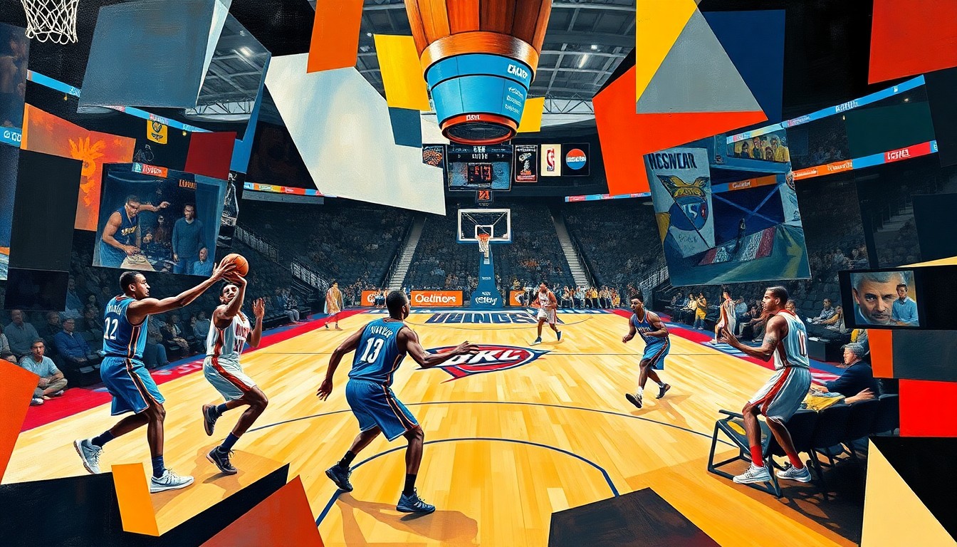 A fractured, cubist-style painting depicting a basketball game between the Oklahoma City Thunder and Denver Nuggets, with the players' forms broken down into abstract geometric shapes and planes of color, the court and arena fading into the background.