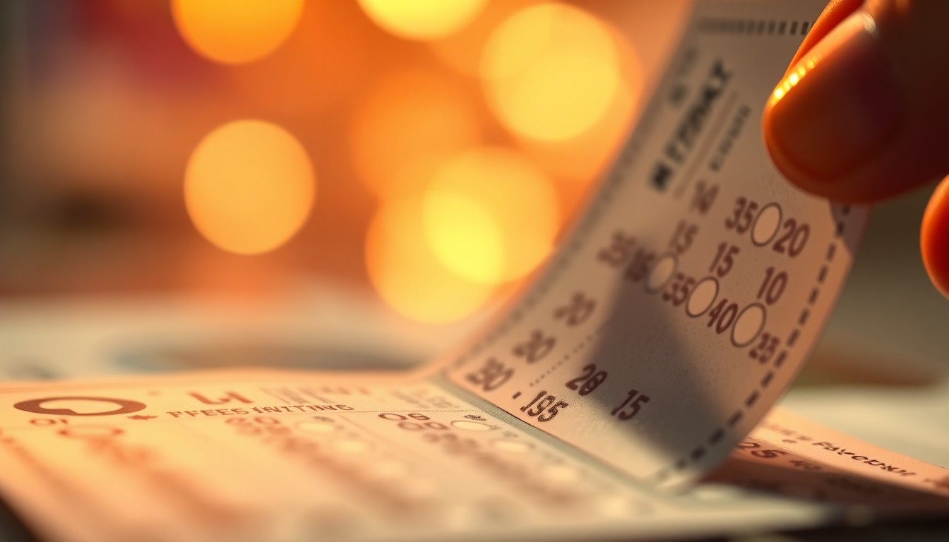 An abstract, impressionistic photograph showing the blurred outline of a hand scratching a lottery ticket, with a soft, hazy background of warm, diffused light and color.