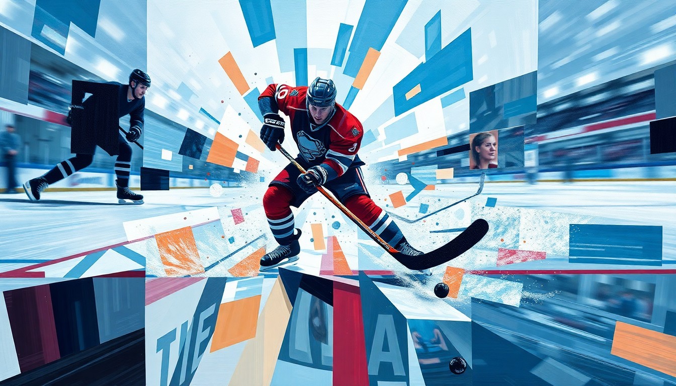 A fragmented, geometric painting depicting a hockey player scoring a goal, with sharp planes of ice, sticks, and pucks in motion, conveying the fast-paced action of the sport.