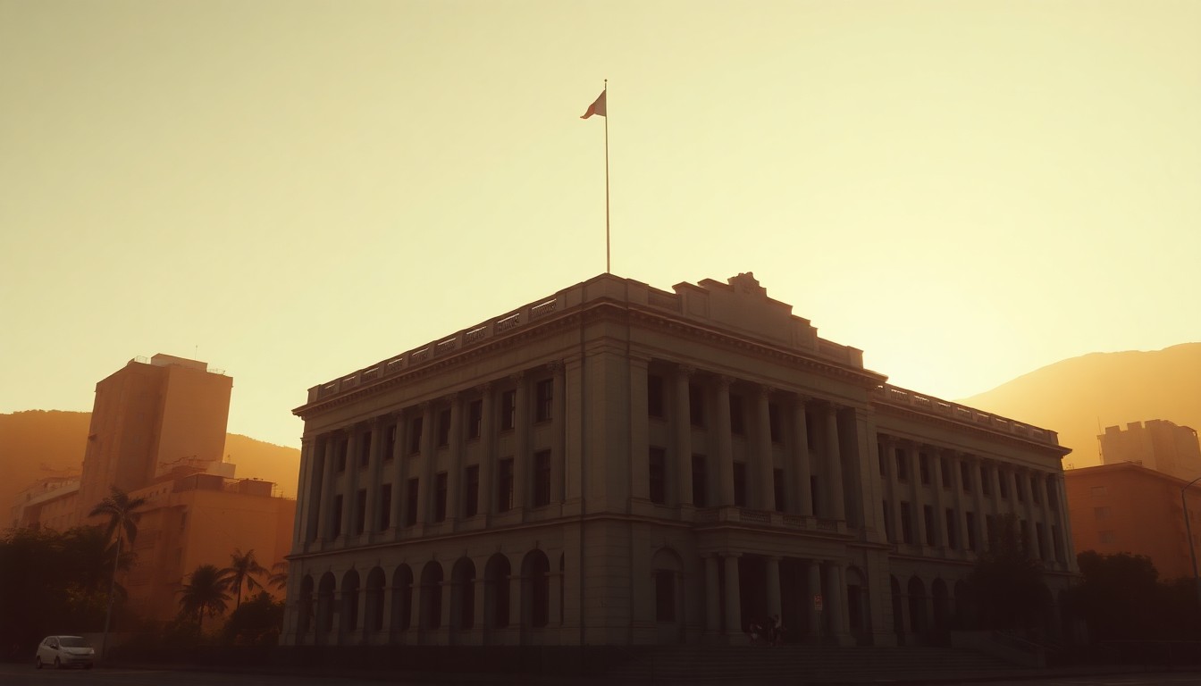 A photorealistic painting of a government building in Rio de Janeiro, with warm sunlight casting deep shadows across the facade, creating a sense of solemnity and uncertainty.