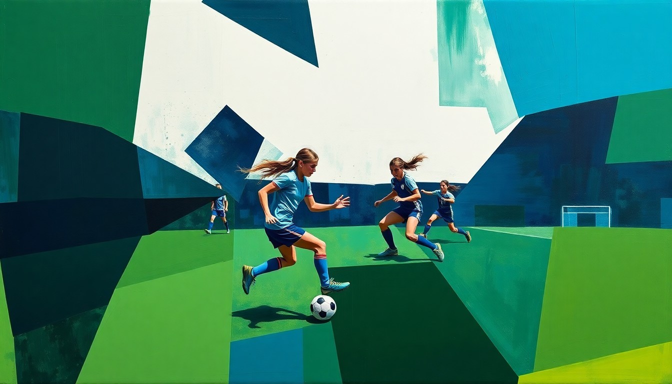 A fragmented, geometric painting depicting a girls soccer match, with sharp planes of deep green, navy blue, and bright white representing the players and field of play.