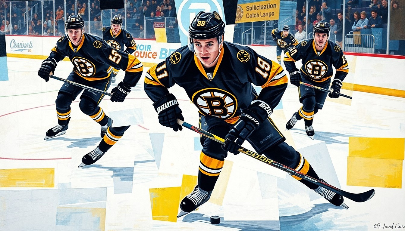 A cubist, geometric illustration depicting a hockey player's movements and actions on the ice, with sharp planes of black, gold, and white representing the Boston Bruins' colors.