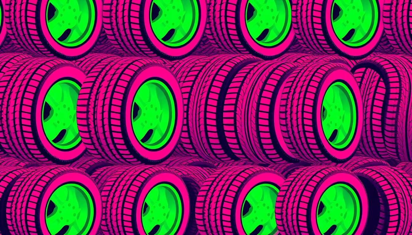 A bold, colorful silkscreen-style illustration featuring a repeating pattern of a single car tire in vibrant neon shades, conceptually representing an automotive-focused community program for youth.