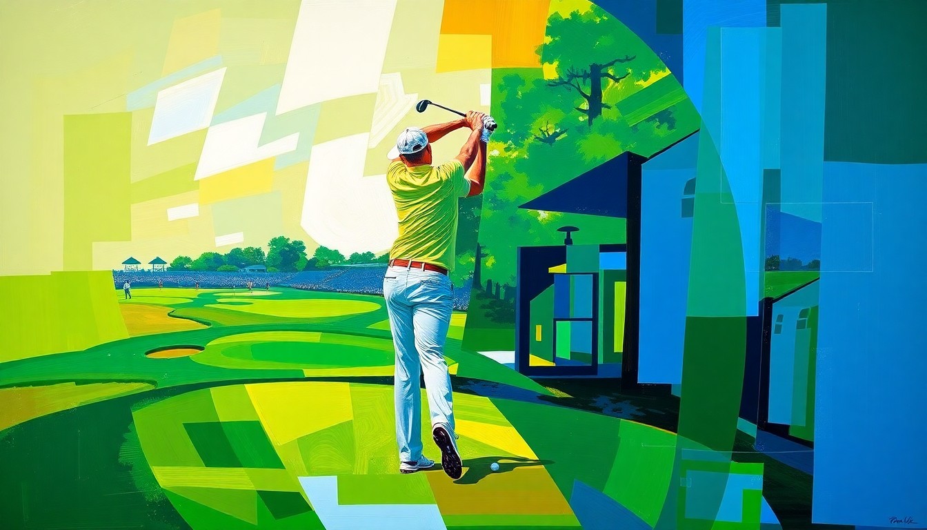 A cubist, geometric painting depicting Sam Burns' golf swing and approach shots at the Masters, with sharp, overlapping planes of green, blue, and gold representing the Augusta National course.