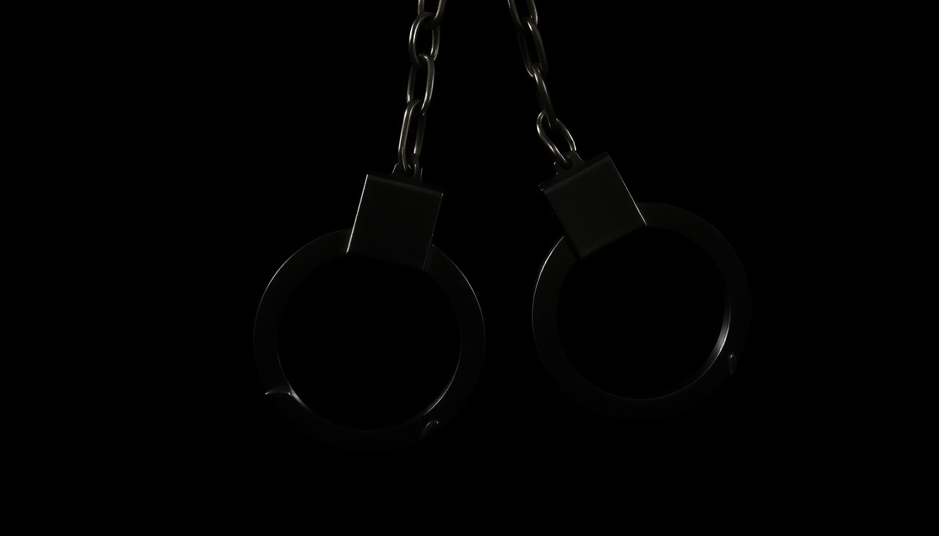 An extreme close-up of metal handcuffs, the harsh flash creating dramatic shadows and textures to convey the serious, investigative nature of the crime.