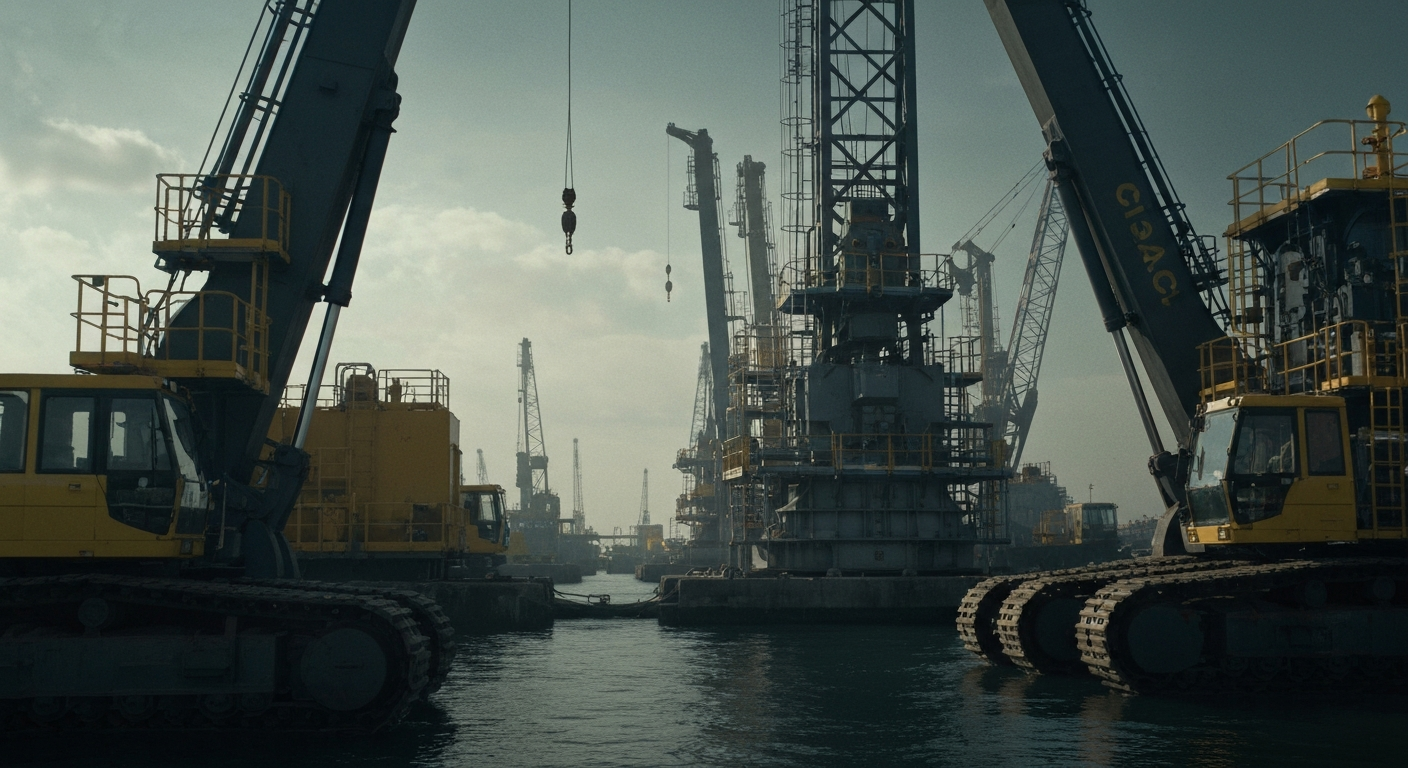 An extreme close-up of industrial machinery and equipment in the Strait of Hormuz, conveying the critical importance of this strategic waterway to global trade and energy markets.