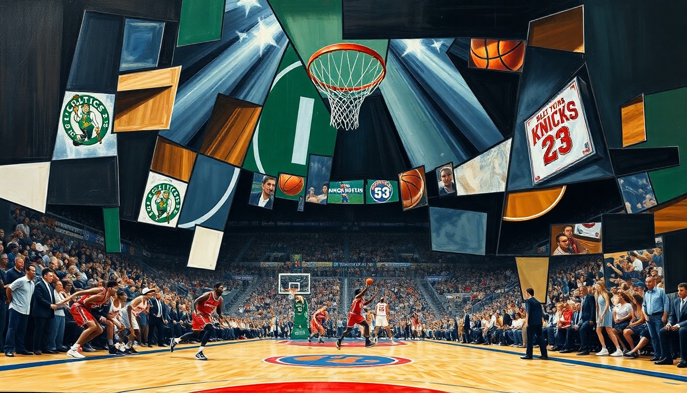 A cubist, geometric illustration depicting a basketball game between the Boston Celtics and New York Knicks, with the players and court fragmented into sharp, overlapping shapes and planes in a vibrant color palette.