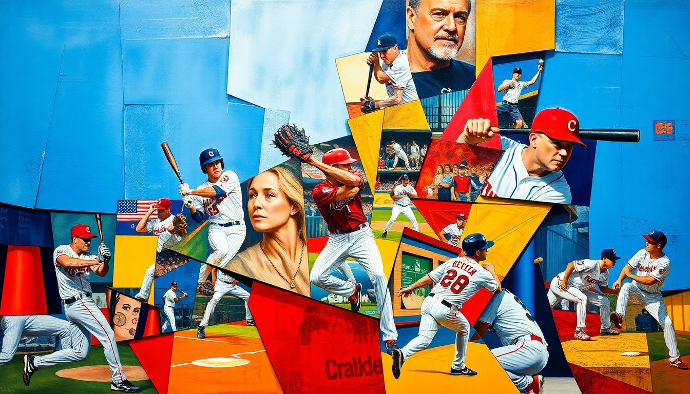 A cubist, geometric painting depicting various baseball players and actions in a fragmented, multi-perspective style, using bold colors to capture the energy and excitement of the new MLB season.