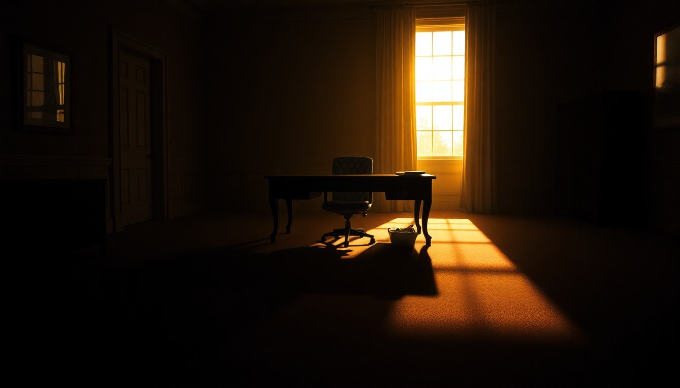 A dimly lit, cinematic office scene with a lone desk and chair, bathed in warm, golden light streaming through a window, conveying a sense of political intrigue and power dynamics.